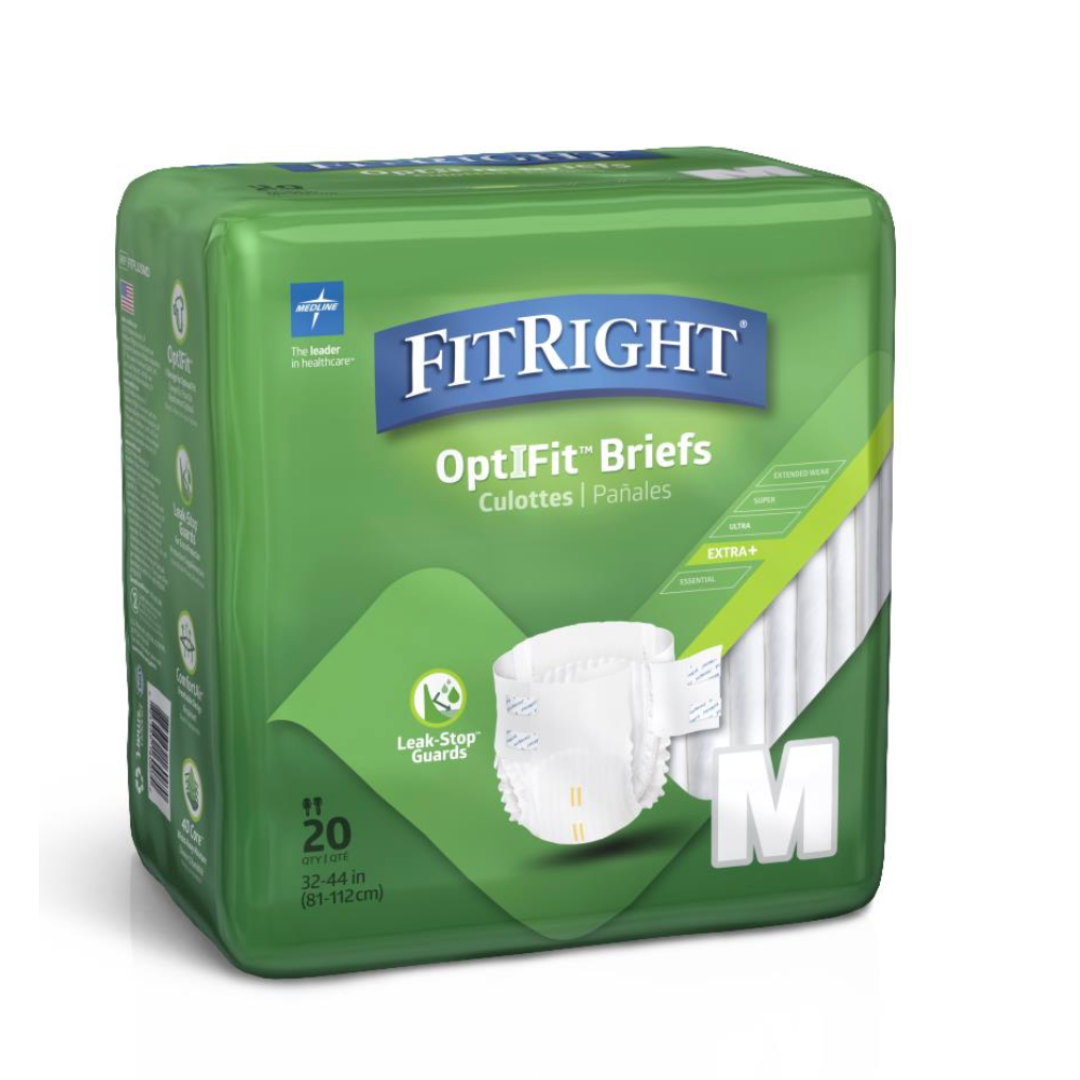 FitRight Unisex Plus Incontinence Briefs, green, size M (waist 32-44 inches), offer heavy absorbency with adjustable tab closures and Leak-Stop Guards. The package features a large M, brief image, healthcare symbols, and contains 20 briefs.
